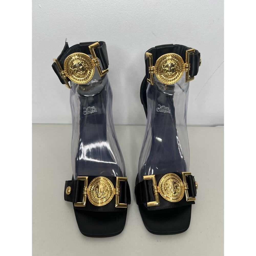 Jeffrey Campbell Black Leonite Satin Lion Hardware Sculpted Wedge Sandals Sz 7.5 - Picture 2 of 8